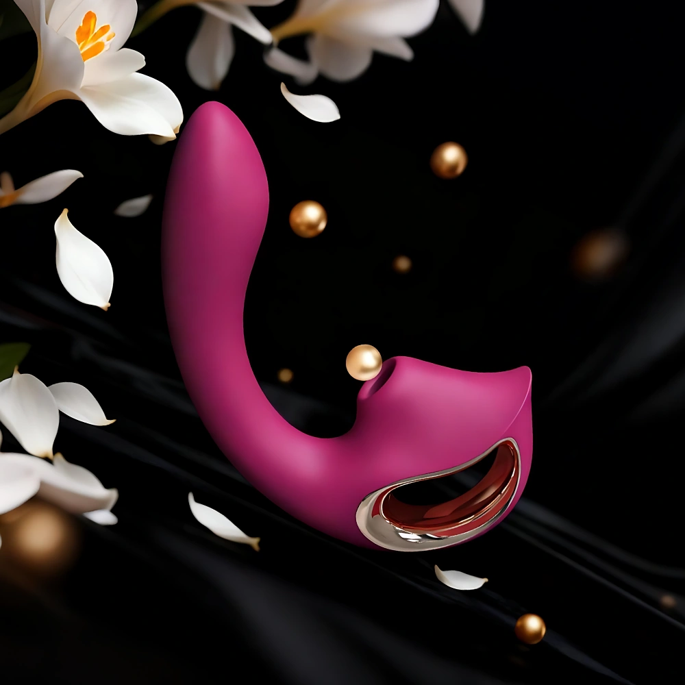 Pink LYRA air-pulse clitoris vibrator with metallic accent on black fabric with petals and gold spheres