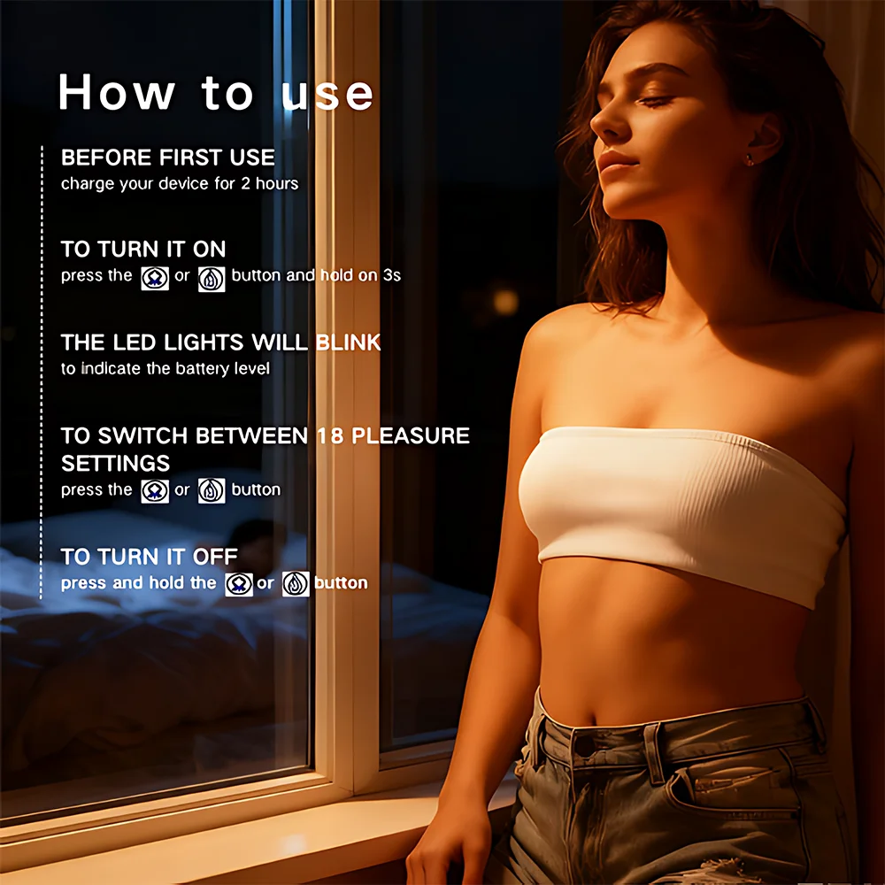 LYRA vibrator use instruction image showing setup steps, button controls, and 18 stimulation settings