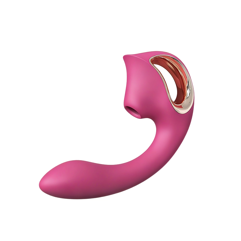 Front-facing product image of the LYRA Air-Pulse Clitoris Vibrator in soft pink with gold accents, displayed against a luxurious black fabric backdrop. The composition emphasizes LYRA’s curved ergonomic design and luxuriously soft silicone surface, surrounded by white petals and golden spheres to evoke elegance, intimacy, and high-end craftsmanship. Ideal for showcasing the vibrator’s premium aesthetic and tactile quality