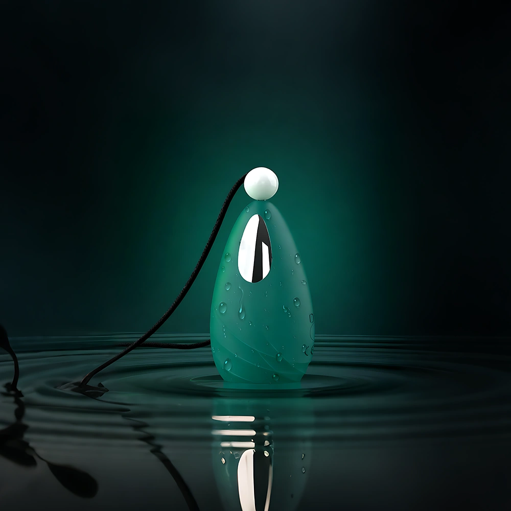 Product detail image of the NOIR Clitoral Vibrator in deep green with a reflective silver accent, standing upright in a pool of water. The device features a teardrop silhouette, white spherical cap, and black cord trailing into the water. Water droplets on its surface and a soft green glow in the background create a dramatic, luxurious atmosphere. The composition emphasizes NOIR’s sleek design, waterproof functionality, and sensual aesthetic, reinforcing its identity as a high-end adult wellness product.