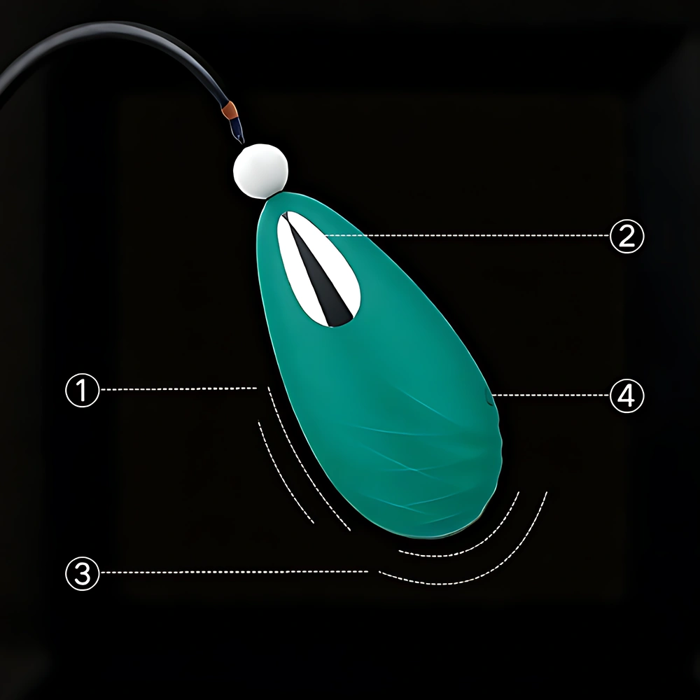 Product highlights image of the NOIR Clitoral Vibrator in deep green with silver accents, displayed against a soft black background with labeled four highlights. The diagram showcases NOIR’s ergonomic shape, looped handle, and tapered stimulation tip, emphasizing its precision design and luxurious aesthetic. Ideal for conveying product specifications and comfort-focused engineering.
