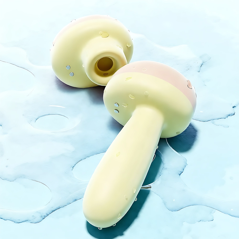 Use recommendation illustration for the Naughty Clock Vibrator Sonaire, featuring two pastel-colored mushroom-shaped components resting on a light blue surface with water droplets and puddles. The rounded caps and smooth stems suggest ergonomic design and waterproof functionality. The glossy finish and soft lighting evoke a clean, sensual aesthetic. This image reinforces Sonaire’s discreet dual-purpose design and encourages use with water-based lubricant or in wet environments, such as during a bath or shower, for enhanced comfort and pleasure.