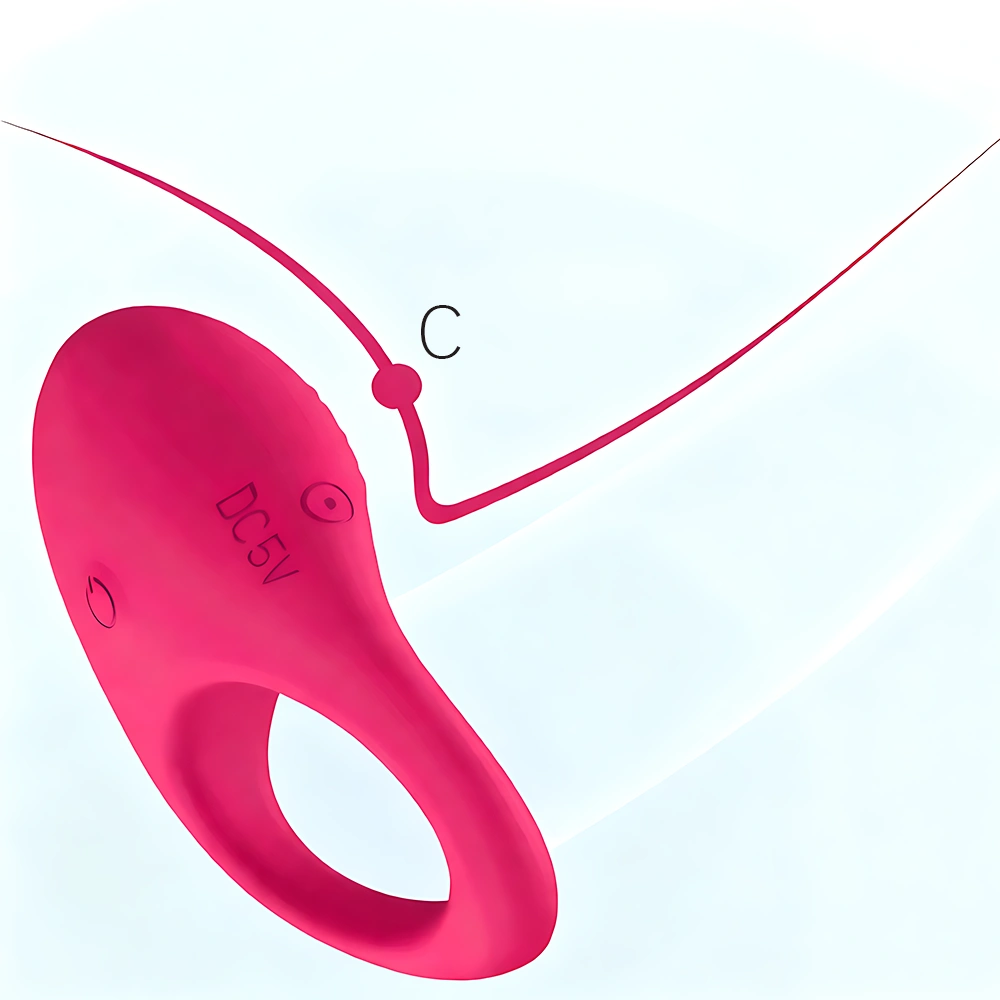 The image showcases the Serica penis ring in a vibrant pink against a soft gradient background, highlighting how the ring is worn on the male shaft while simultaneously providing targeted stimulation to the female clitoral area. Visible details such as the “DC5V” marking and power button emphasize its rechargeable, battery powered functionality. The minimalist design underscores simplicity, safety, and modern technology, reinforcing Serica’s premium quality. This visual represents Step 3 of the usage guide, demonstrating how to position the Serica ring for dual stimulation, awakening desire and enhancing intimacy for both partners.