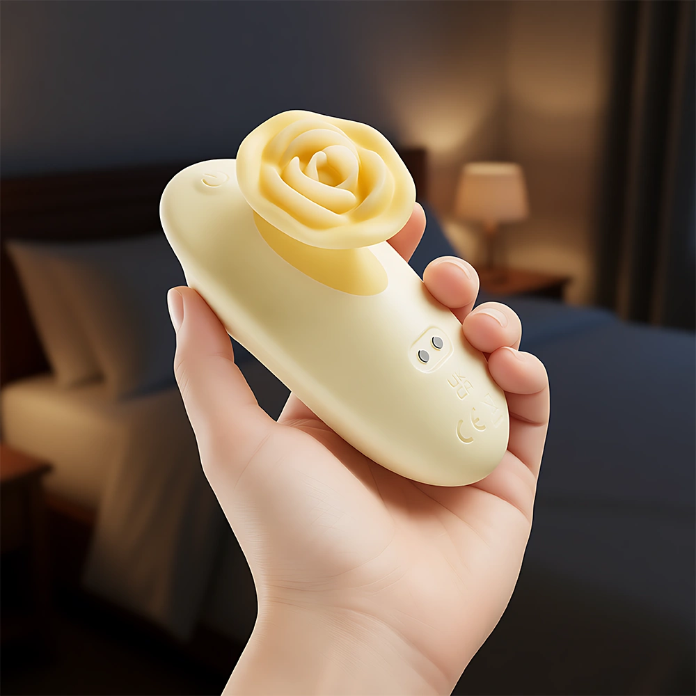 Product detail image of the Rosé Bloom™ VELLUM Clitoral Sonic Vibrator, featuring a hand holding the compact, rose-shaped device in a softly lit bedroom setting. The vibrator showcases a sculpted floral top, ergonomic body, and visible control buttons including a power icon and certification markings like “CE.” The background includes a bed, nightstand, and lamp, reinforcing the product’s intimate, personal use context. The composition emphasizes Rosé Bloom™ VELLUM’s elegant design, sonic stimulation technology, and discreet luxury appeal.