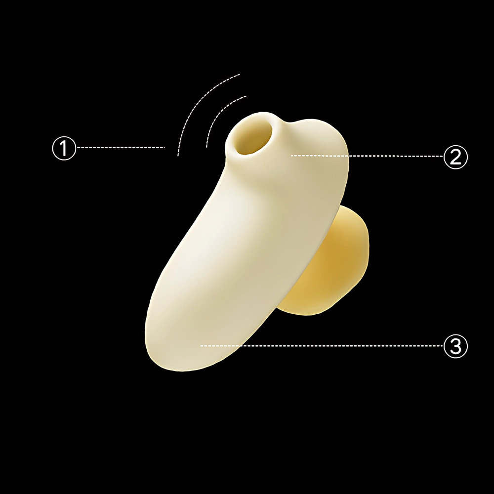 Product highlights image of the Rosé Bloom™ VELLUM Clitoral Sonic Vibrator in soft beige and yellow tones, featuring a sculptural rose-inspired design with a circular stimulation port and ergonomic curves. Three numbered indicators point to key features: sonic vibration technology, precision stimulation opening, and luxuriously soft silicone surface. The black background and minimalistic layout emphasize the product’s elegance, innovation, and premium craftsmanship, reinforcing its identity as a high-end adult wellness device.