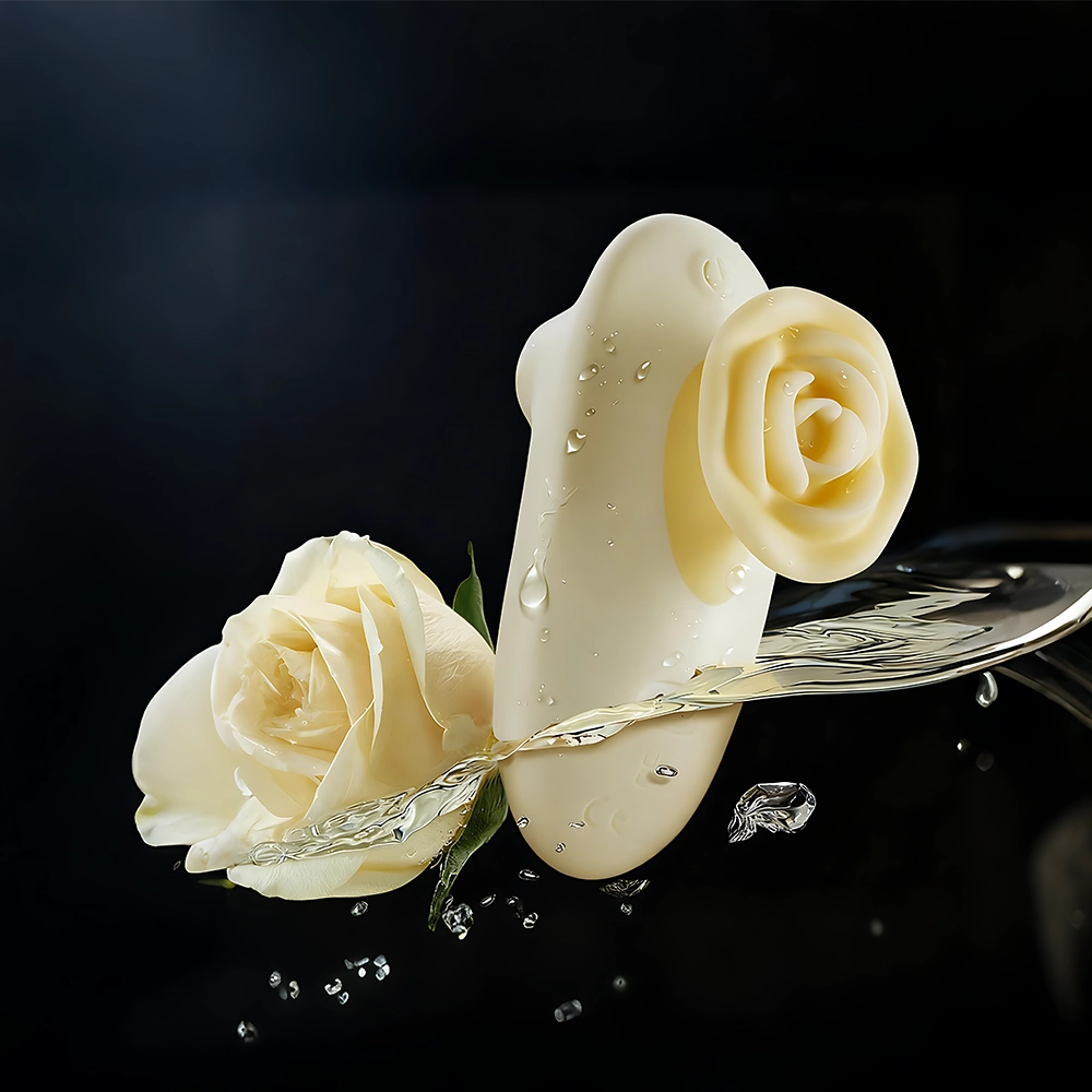 Illustration image for Rosé Bloom™ VELLUM Clitoral Sonic Vibrator, featuring a close-up of a white rose and a rose-shaped device partially immersed in a splash of water. The creamy white tones of the product and flower contrast against a black background, highlighting the device’s soft curves and floral-inspired design. Water droplets suspended in mid-air suggest freshness and fluidity. The composition symbolizes purity, sensual care, and the recommended use of Rosé Bloom™ VELLUM with water-based lubricant for enhanced comfort and pleasure.