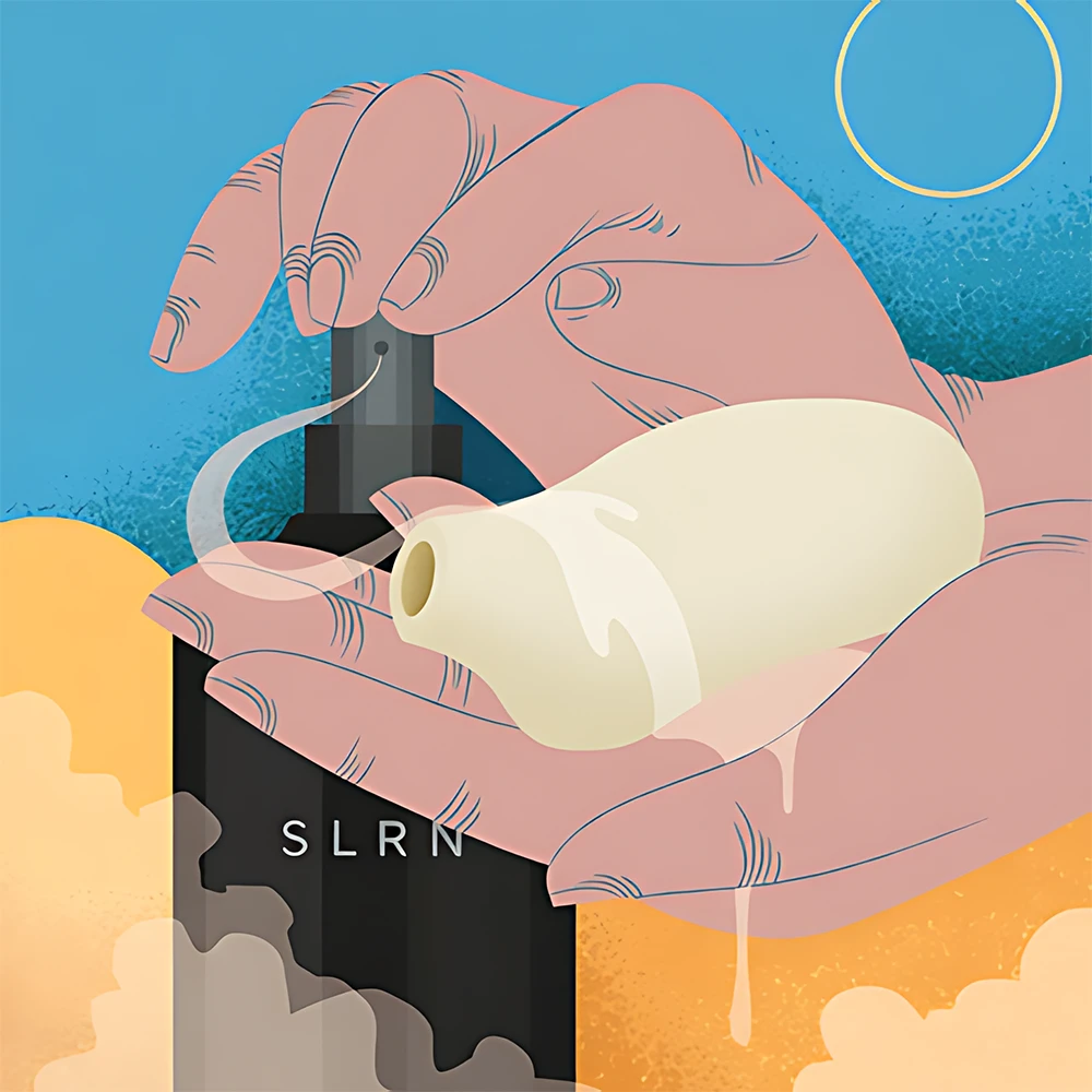 Step-three instruction image for the Rosé Bloom™ VELLUM Clitoral Sonic Vibrator, featuring a stylized illustration of a nude figure lying in water with abstract blue waterfalls and a blue sky in the background. A rose-shaped device is digitally placed near the pelvic area, emitting concentric waves to suggest sonic stimulation. This visual metaphor guides users to Find your sweet spot where it feels the best, explore different settings, and enjoy a minblowing clitoral orgasm. The composition evokes serenity, body awareness, and emotional comfort, reinforcing Rosé Bloom™ VELLUM’s luxury positioning and user-centric design.