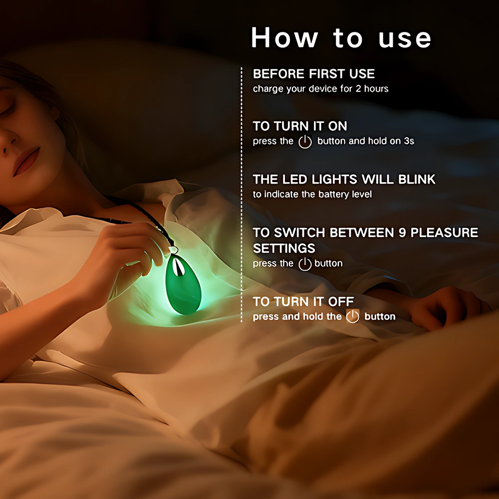 NOIR vibrator use instruction image showing glowing pendant and steps to charge, power on, and switch modes