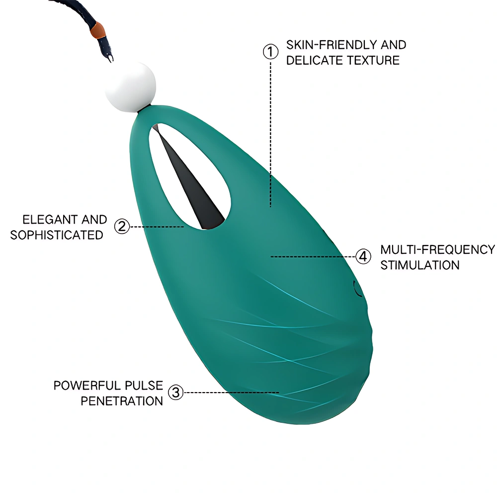 Function-focused image of the NOIR Vibrator in deep teal, showcasing four labeled features: skin-friendly and delicate texture, elegant and sophisticated design, powerful pulse penetration, and multi-frequency stimulation. The device’s teardrop silhouette, white spherical cap, and black cord with bead accent are highlighted against a clean background. The layout emphasizes NOIR’s luxuriously soft silicone surface and advanced stimulation technology, reinforcing its identity as a high-end, user-centric adult wellness product.