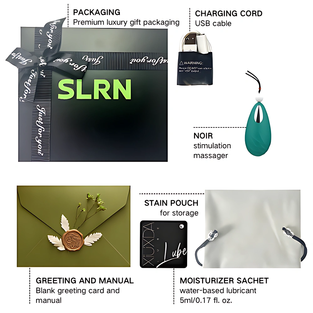 Unboxing image of the NOIR Clitoral Vibrator, featuring a premium black gift box labeled “SLRN” with a ribbon that reads “Just for you.” Surrounding the box are the included items: the NOIR stimulation massager in teal with silver accent, a USB charging cord in a protective pouch, a greeting card and user manual in a decorative envelope, a satin pouch labeled “XIUXDA Lube” for discreet storage, and a 5ml sachet of water-based lubricant. The layout emphasizes NOIR’s luxurious presentation, thoughtful accessories, and readiness for elegant, private indulgence.