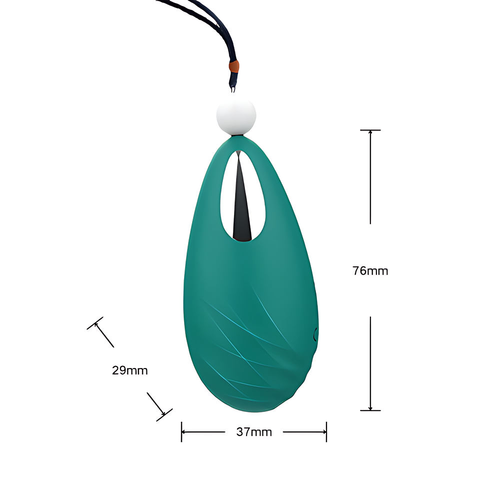 Product size image of the NOIR Clitoral Vibrator in deep teal, featuring a teardrop silhouette with a textured surface and a hole near the top for cord attachment. The device is suspended by a black string with a white bead accent. Dimensions are clearly labeled: 76 mm in height, 37 mm in width, and 29 mm in depth. The image emphasizes NOIR’s compact, ergonomic design and wearable elegance, reinforcing its identity as a discreet, luxury adult wellness product made with ultra-soft silicone.