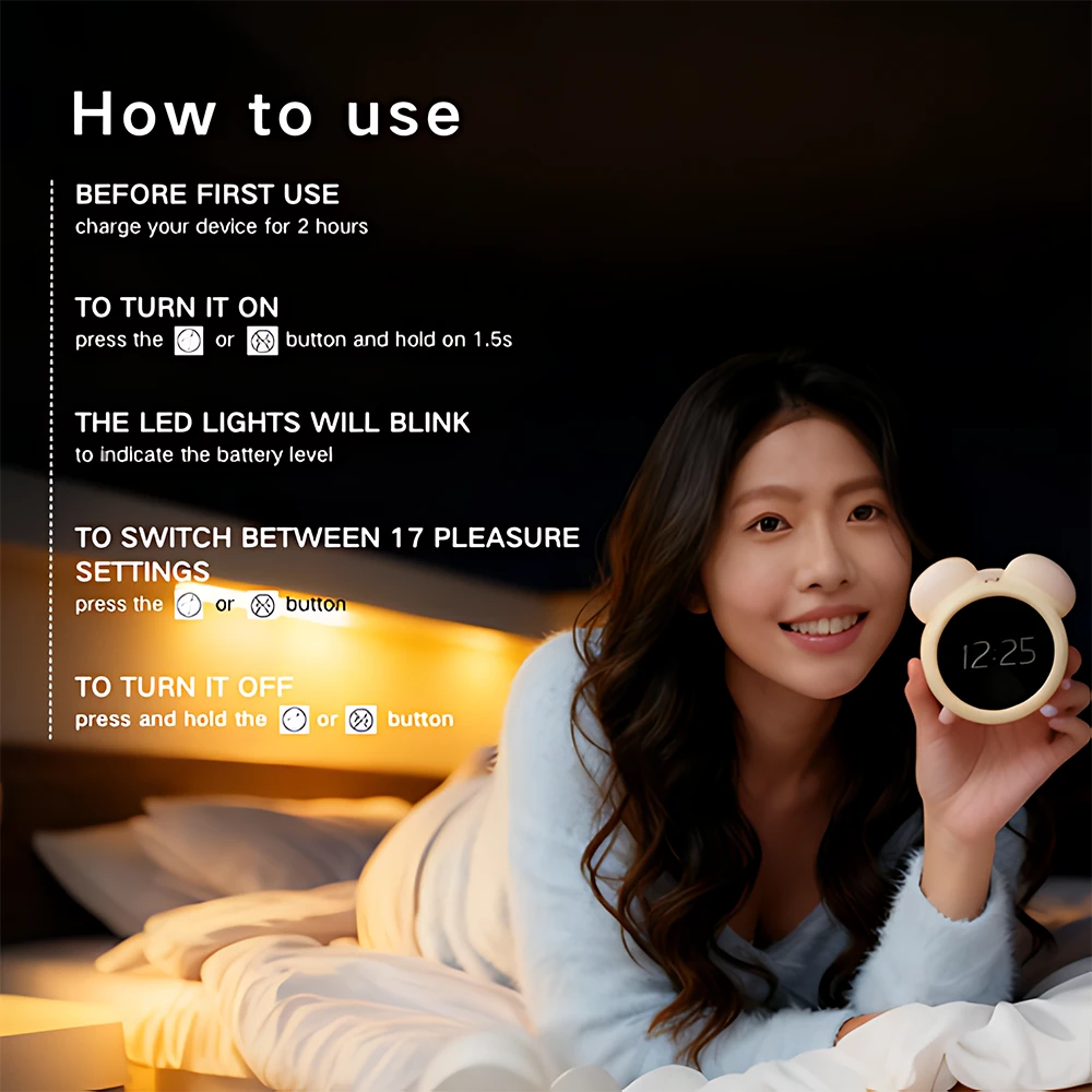 Product use instruction image for the Naughty Clock Vibrator Sonaire, featuring a woman smiling in bed while holding the bear-shaped digital clock device with a display reading “12:25.” The cozy bedroom setting reinforces emotional comfort and intimacy. Instructional text overlays guide users through setup and operation: charging for 2 hours before first use, pressing and holding the ⓐ or ⓧ button to power on, LED light indicators for battery level, switching between 17 pleasure settings, and powering off. This image emphasizes Sonaire’s intuitive controls, luxurious soft silicone, and user-friendly design for private wellness rituals.