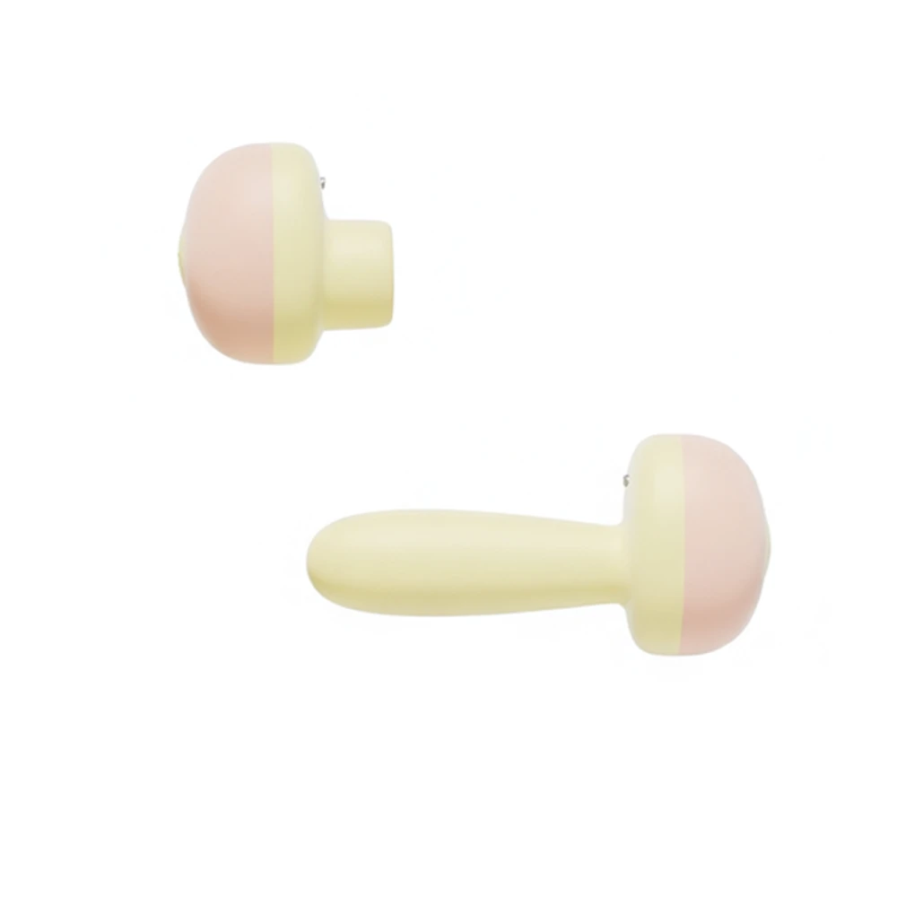 Alternate front-facing product image of the Naughty Clock Vibrator Sonaire, featuring a pair of pastel pink and yellow mushroom-shaped components with a smooth, rounded design. Crafted from luxuriously soft silicone, these detachable elements resemble whimsical earbuds but function as discreet sonic vibrators. The minimalistic layout and glossy finish emphasize Sonaire’s playful aesthetic and premium tactile quality, reinforcing its dual-purpose identity as a stylish bedside clock and intimate wellness device