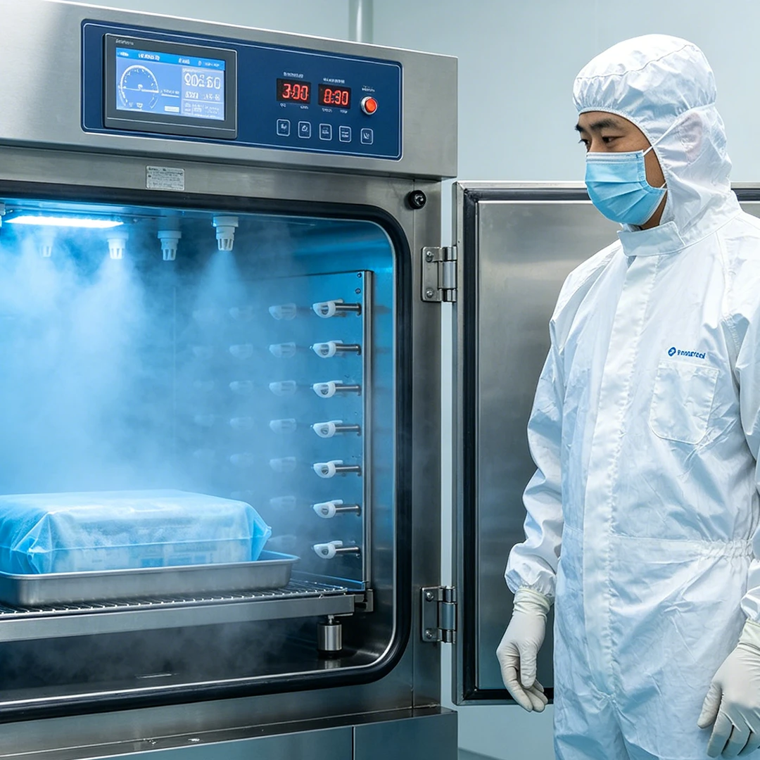 Step 3: This is the most critical line of defense — our post-production core disinfection. Every finished TAOF product goes into a professional low-temperature hydrogen peroxide plasma chamber for a full 52–75 minute sterilization cycle. We keep the hydrogen peroxide concentration strictly above 6mg/L and the temperature steady between 45–55°C, making sure every nook and cranny of the toy gets thoroughly disinfected. It’s gentle enough to protect the silicone but powerful enough to eliminate 99.99% of bacteria. This is why our products are some of the best safe sex toys for sensitive skin — they arrive not just new, but truly sterile, right out of the box.