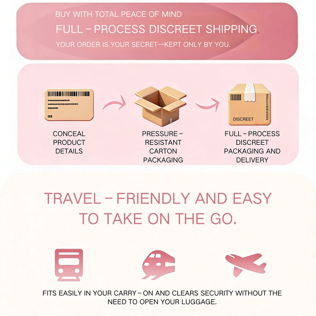 Your privacy is everything to us — from checkout to delivery and beyond. We know how important it is to feel totally secure when you order intimate items, so we built our whole process around discretion: 100% discreet delivery: No product details on labels, just plain, pressure-resistant packaging. No one but you will ever know what’s inside. Travel-friendly design: Our toys fit easily in your carry-on, and they clear airport security without you ever having to open your bag. Perfect for trips, vacations, or just taking your self-care routine on the go. This is peace of mind, from click to doorstep — and every adventure after.