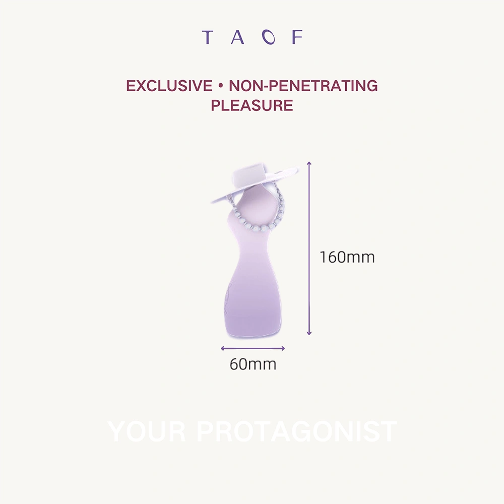 TAOF Protagonist external stimulator size guide showing 160mm height and 60mm width, with a stylish lavender sculpt and elegant pearl details.