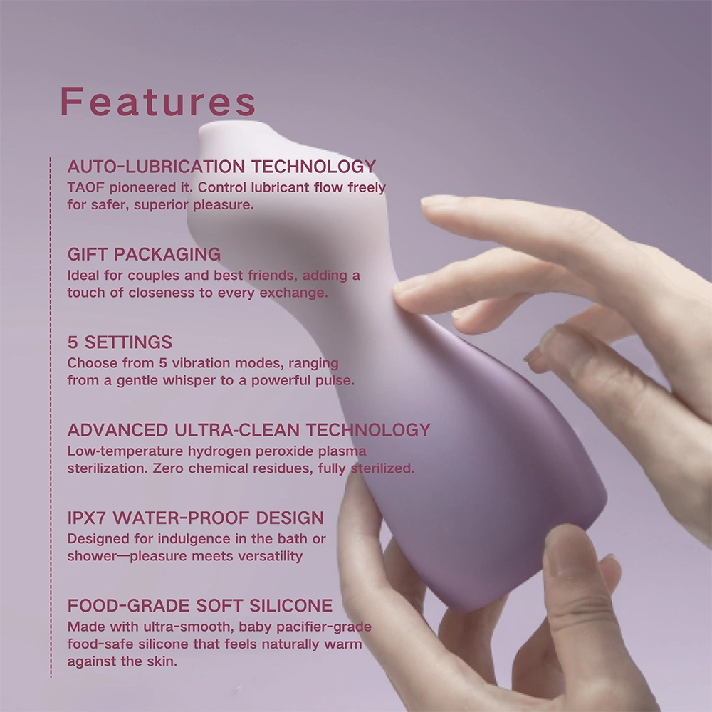 Hands gently holding the TAOF Protagonist, shown with a clean feature overlay detailing its auto-lubrication system, five modes, and premium hygiene standards.
