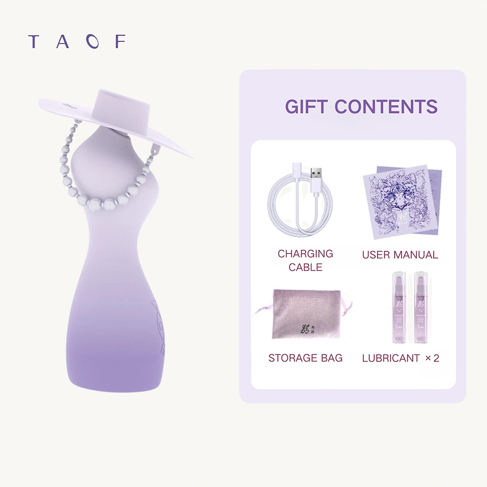 TAOF Protagonist gift box contents showing the device, charging cable, manual, storage bag, and two lubricant bottles.