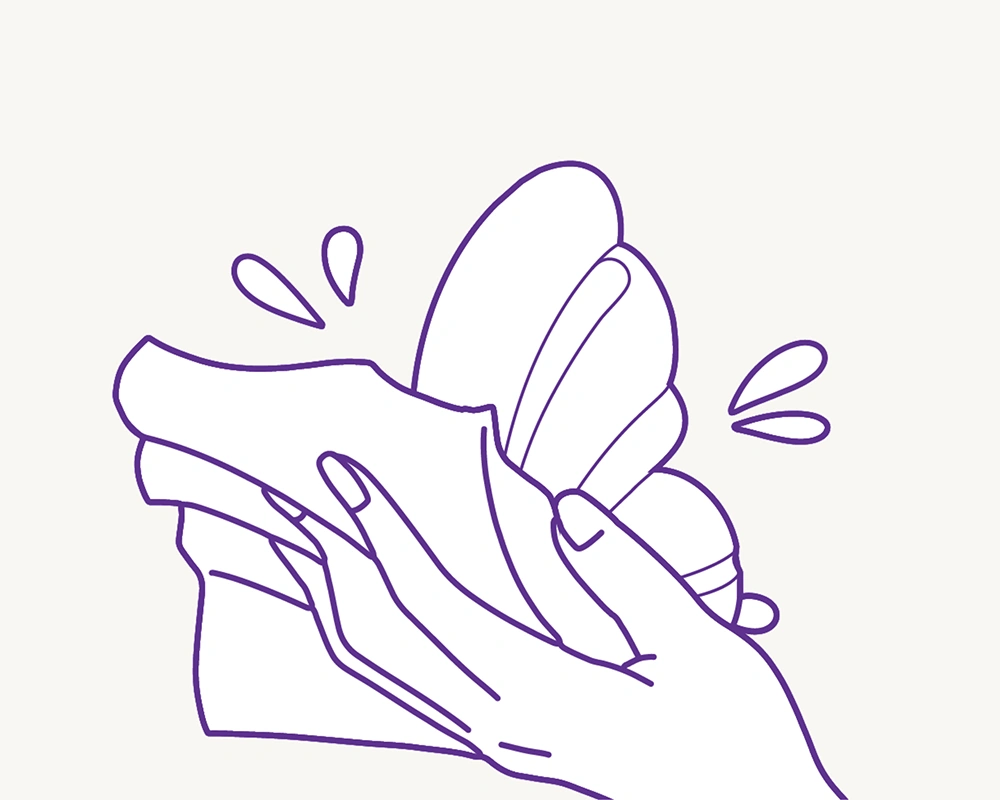 Line-art illustration of a hand holding TAOF Liberty for post-use cleaning and safe storage.