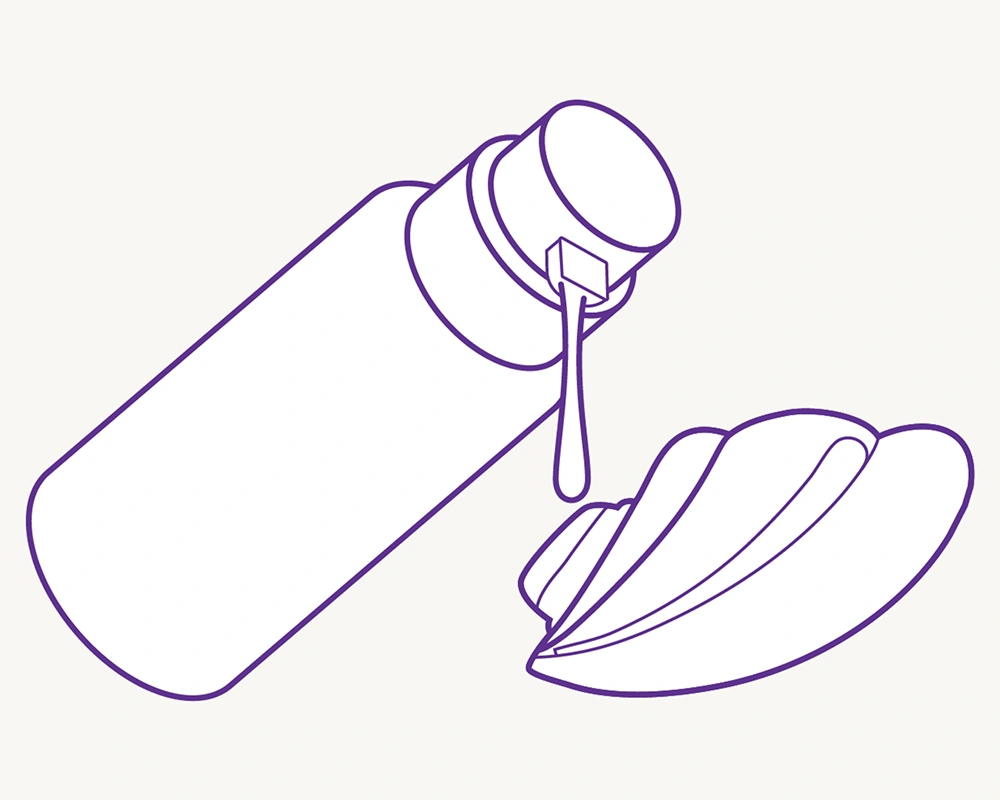 Line-art illustration of a lubricant bottle dripping water-based lube onto the TAOF Liberty massager for a smooth experience.