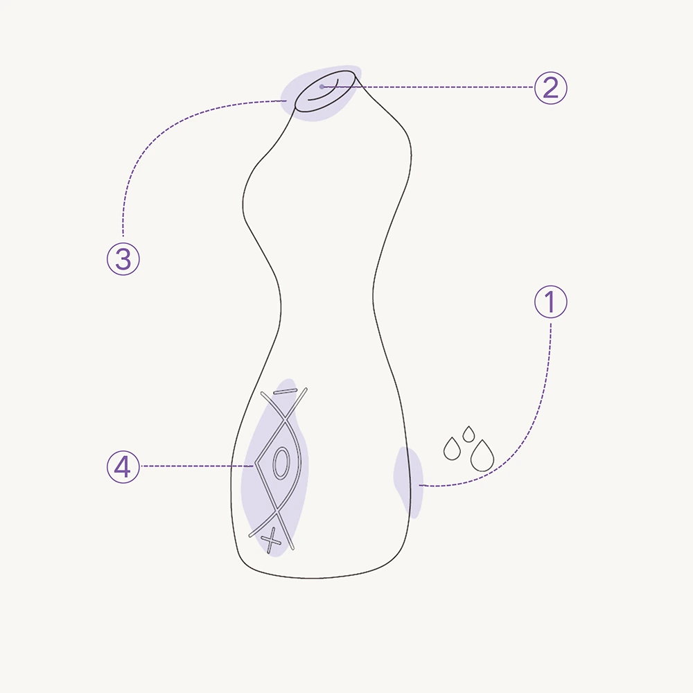 Minimalist line-art diagram of TAOF Protagonist, highlighting the built-in lubrication reservoir, broad suction opening, and ergonomic sculpted body.
