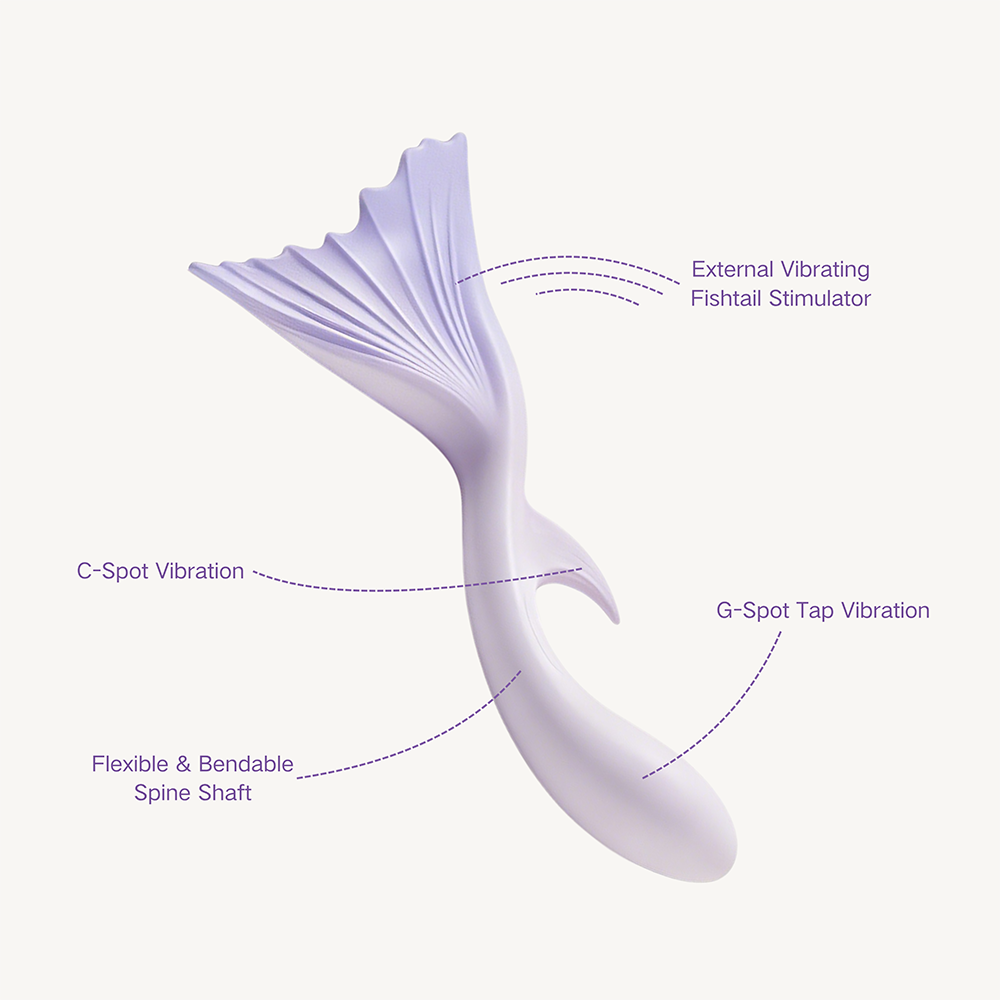 A gentle anatomical diagram of the TAOF Vivare Lavender Purple, softly outlining its flexible spine, C-spot, G-spot, and fishtail zones for intuitive self-care.