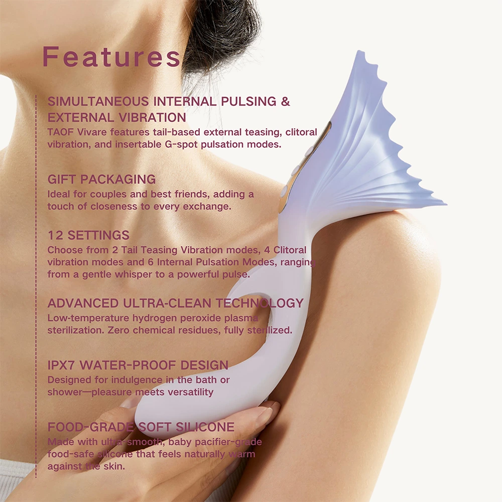 A well-designed features breakdown of the TAOF Vivare Lavender Purple, held gracefully near the shoulder, listing its versatile modes, food-grade silicone, and sterilization technology.