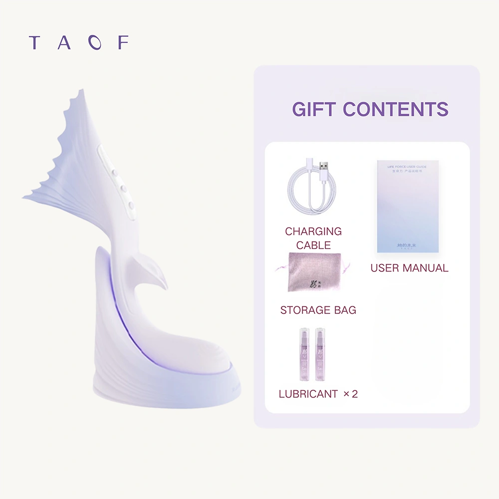 A clear gift contents guide for the TAOF Vivare Lavender Purple, displaying the sculpted device, charging cable, user manual, storage bag, and lubricants for a complete unboxing experience.