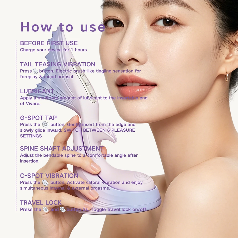 A friendly, step-by-step usage guide for the TAOF Vivare Lavender Purple, featuring a confident model beside clear instructions for a safe and peaceful first-time experience.