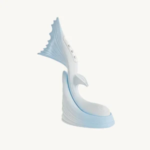TAOF Vivare Seafoam Blue standing upright in its matching light blue and white charging base, featuring a sleek control panel and sculpted mermaid-tail design on a clean white background.