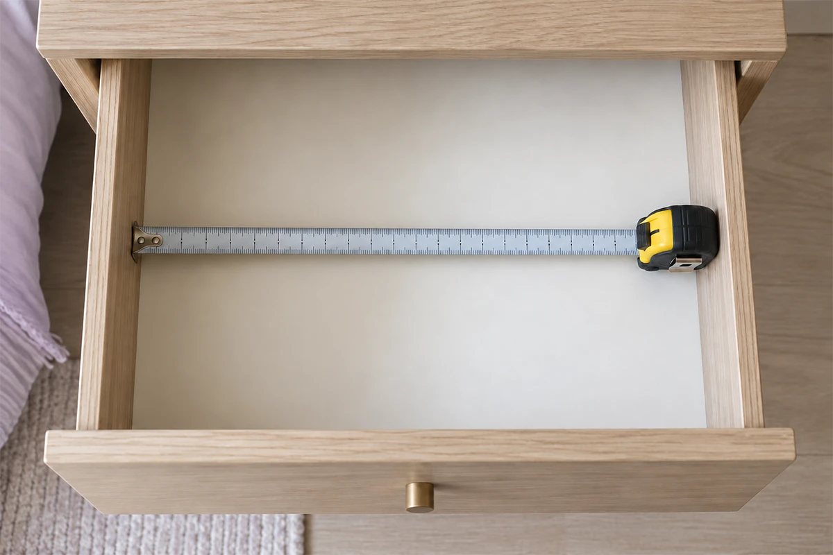 Measuring tape stretched across the inside of an empty wooden drawer
