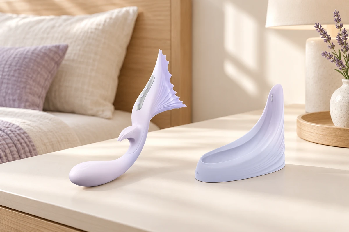 Illustration of lavender TAOF Vivare and its separate charging base on a dry bedside surface
